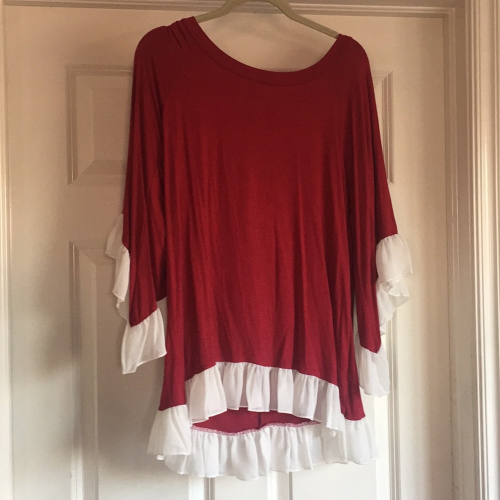 Red and white ruffle hem and sleeve top